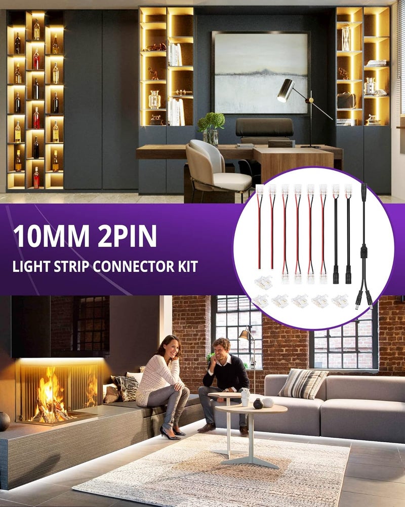 HitLights LED Strip Connector 2Pin 10mm Connector Kit Include Gapless Connector, Jumper Connectors, Pigtail Connector, DC Female and Connector, DC Jack Splitter for COB/2835 Single Color LED Strips - Image 4